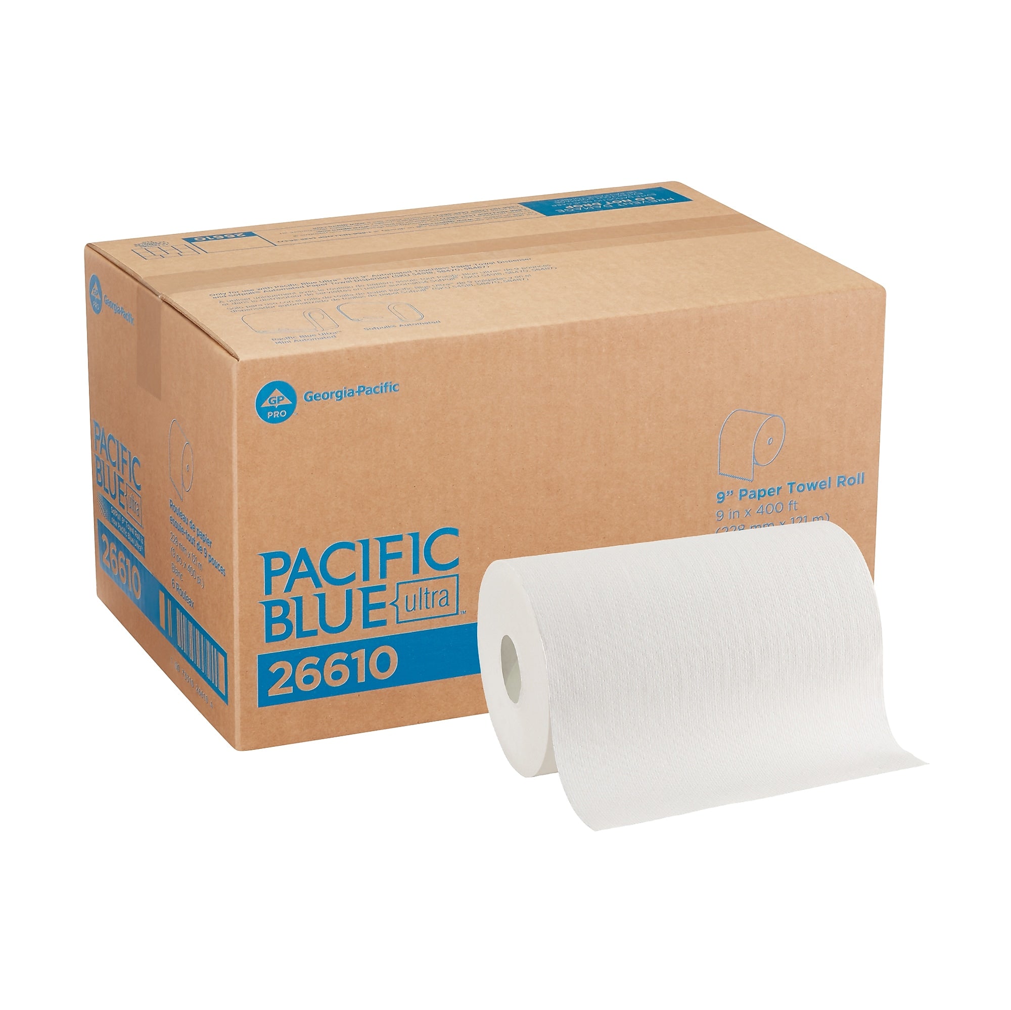 Pacific Blue Ultra Hardwound Paper Towels, 1-ply, 400 ft./Roll, 6 Rolls/Carton (26610)
