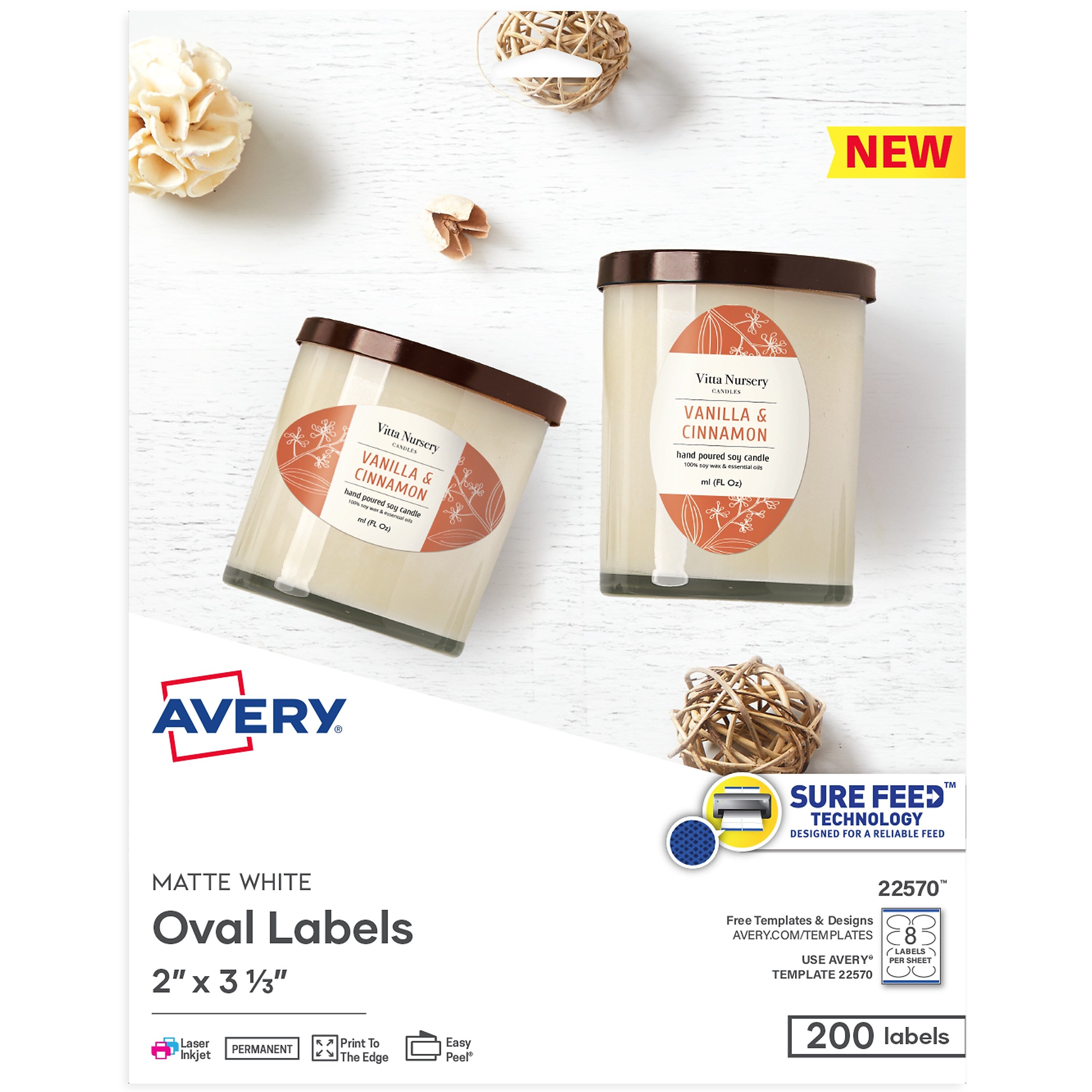 Avery Print-to-the-Edge Laser/Inkjet Oval Labels, 2" x 3-1/3", White, 200 Labels/Pack (22570)