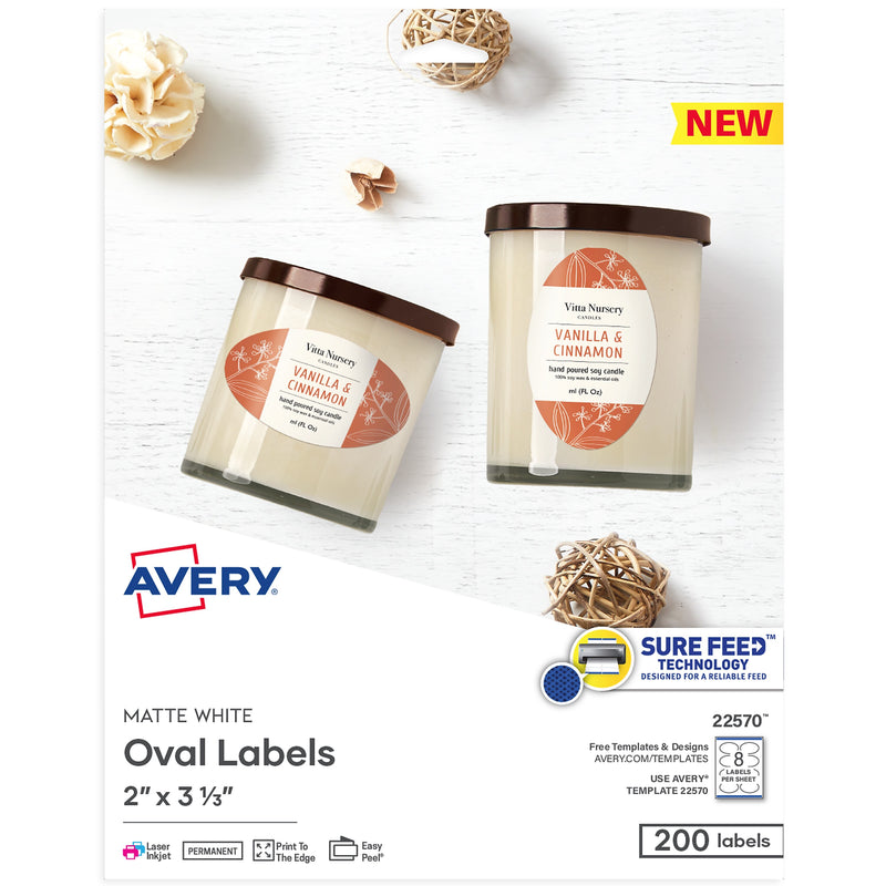 Avery Print-to-the-Edge Laser/Inkjet Oval Labels, 2" x 3-1/3", White, 200 Labels/Pack (22570)