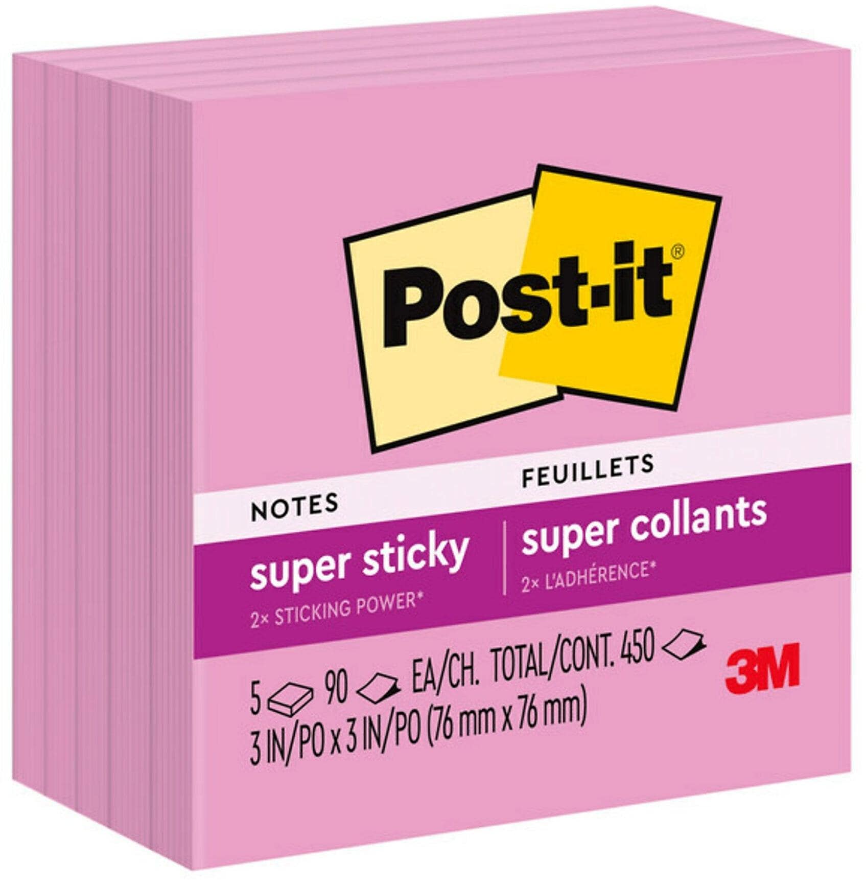 Post-it Super Sticky Notes, 3" x 3", Neon Pink, 90 Sheet/Pad, 5 Pads/Pack (654-5SSNP)