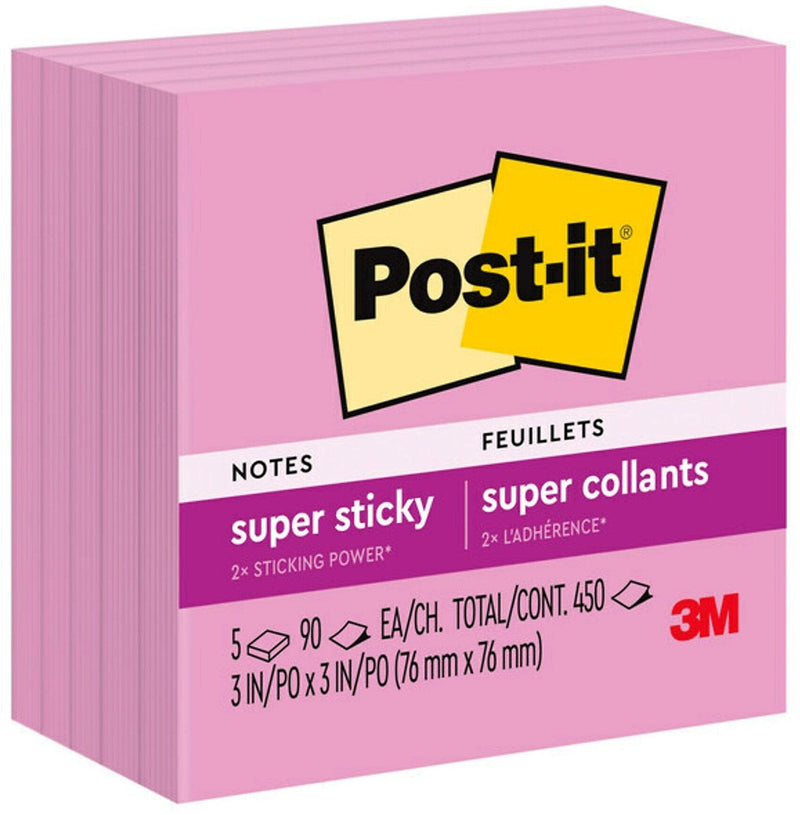 Post-it Super Sticky Notes, 3" x 3", Neon Pink, 90 Sheet/Pad, 5 Pads/Pack (654-5SSNP)