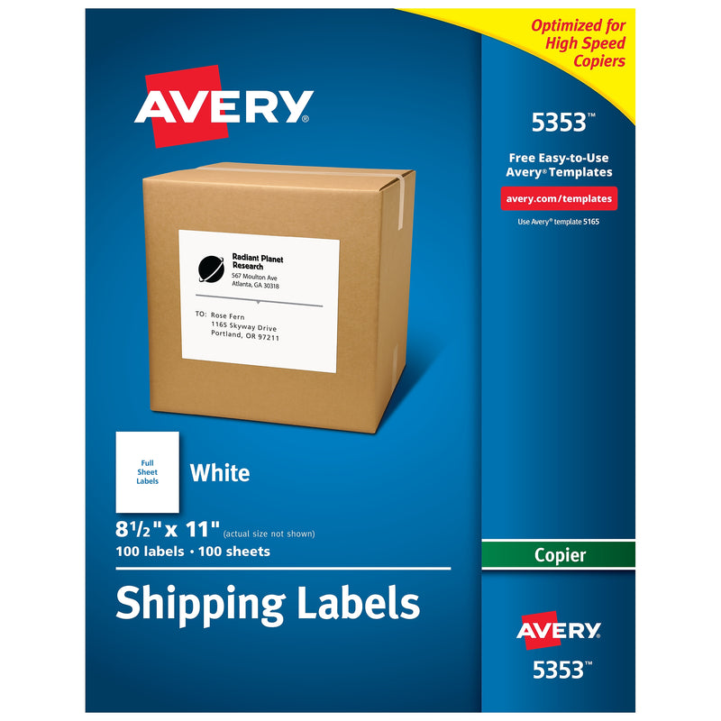 Avery Copier Shipping Labels, 8-1/2" x 11", White, 100 Labels/Box (5353)