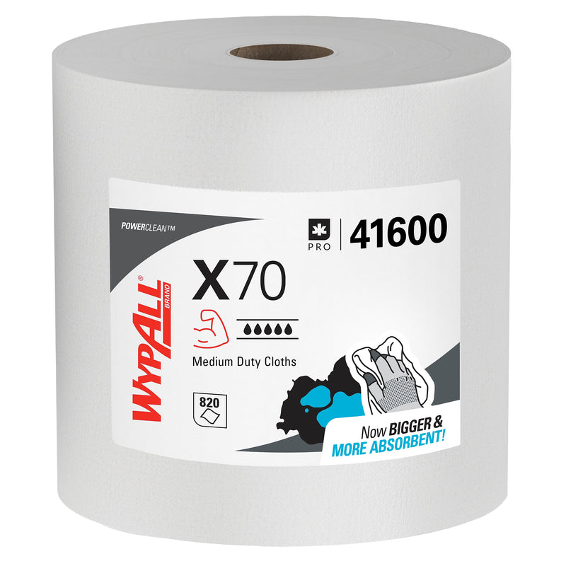 WypAll PowerClean X70 Fabric Cleaning Wipers, 13.3" x 13.4", White, 820 Sheets/Roll (41600)