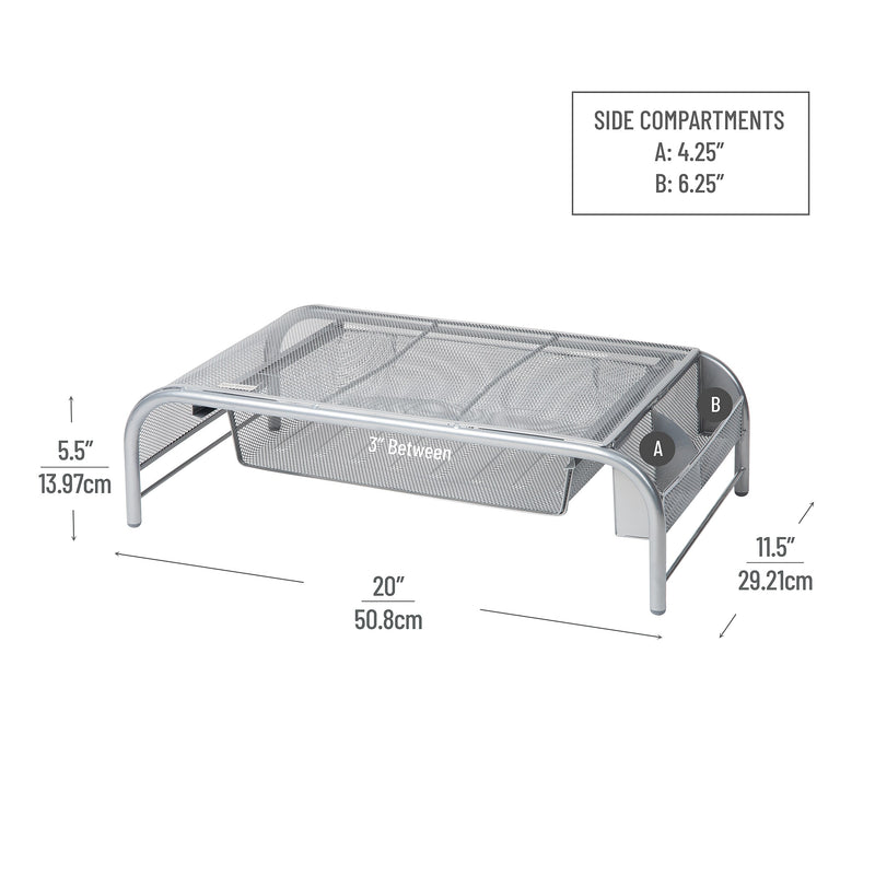 Mind Reader Monitor Stand with Paper Tray, Up to 33 lbs., Metal Mesh, Silver (MESHMONSTA-SIL)