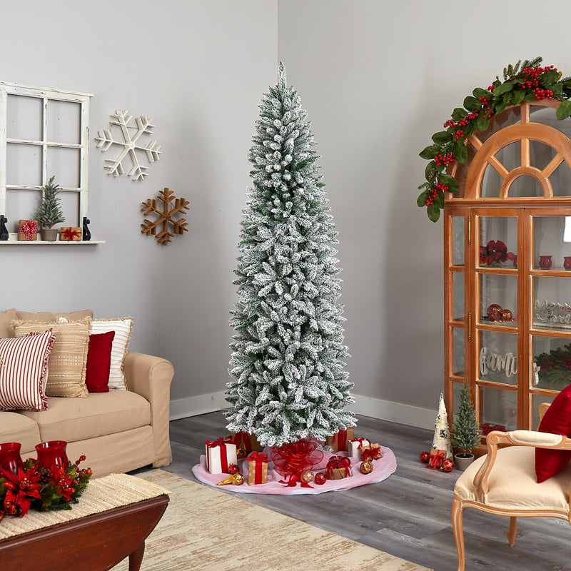Nearly Natural 8-ft Slim Flocked Montreal Fir Artificial Christmas Tree with 400 Warm White LED Lights (T3312)