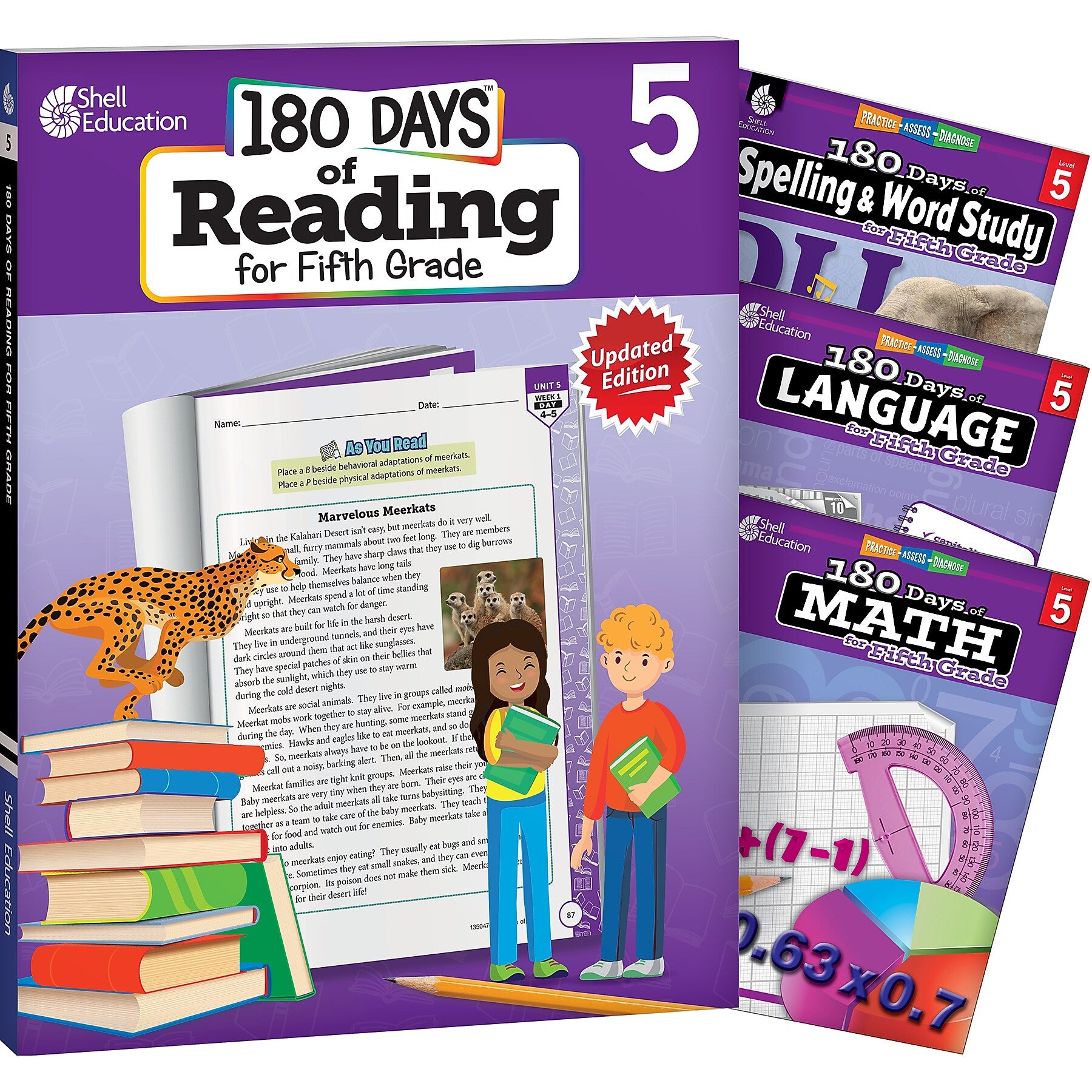 Shell Education 180 Days Reading, Spelling, Language & Math, Grade 5, Workbook, 4/Set (SEP147639)