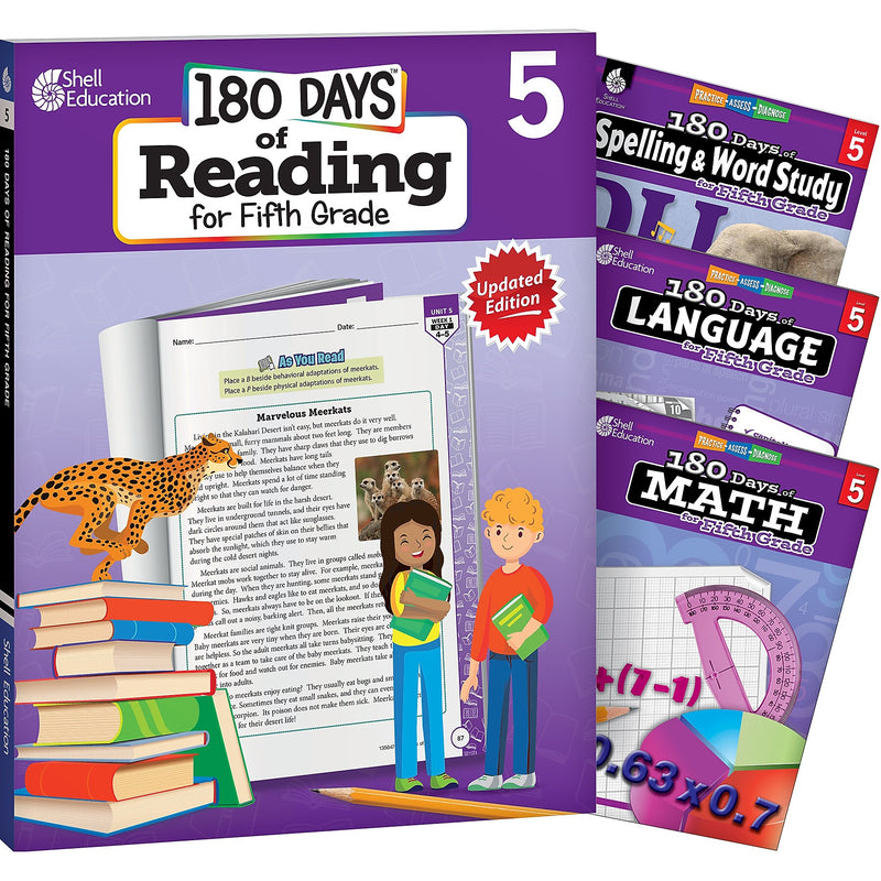 Shell Education 180 Days Reading, Spelling, Language & Math, Grade 5, Workbook, 4/Set (SEP147639)