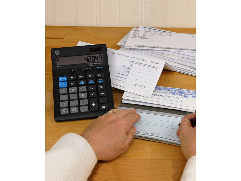 HP BC120 12-Digit Battery/Solar Powered Basic Calculator, Black/Gray (91074U)