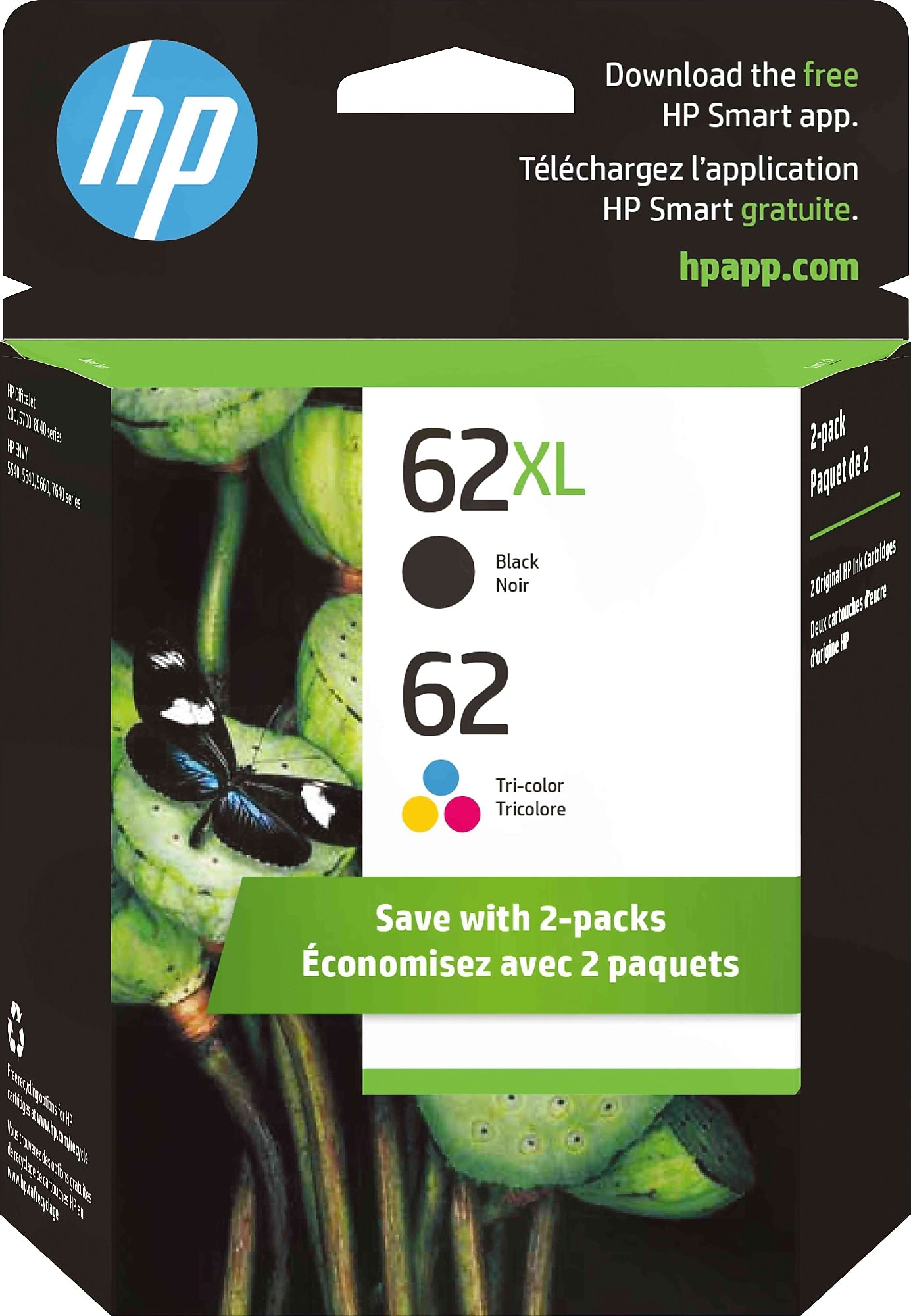 HP 62XL/62 Black High Yield and Tri-Color Standard Yield Ink Cartridge, 2/Pack (N9H67FN#140)