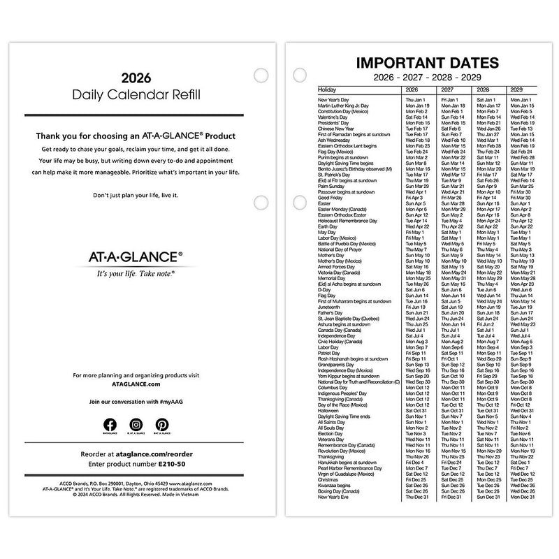 2026 AT-A-GLANCE 8" x 4.5" Daily Calendar Refill Pages, White/Black (E210-50-26)