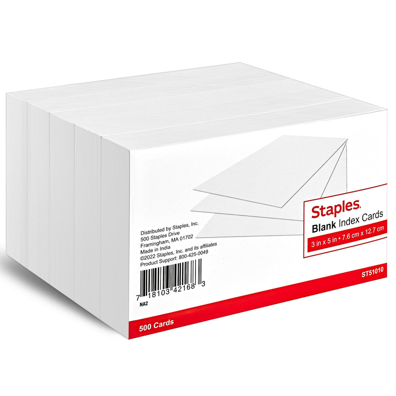 Staples 3" x 5" Index Cards, Blank, White, 500/Pack (TR51010)