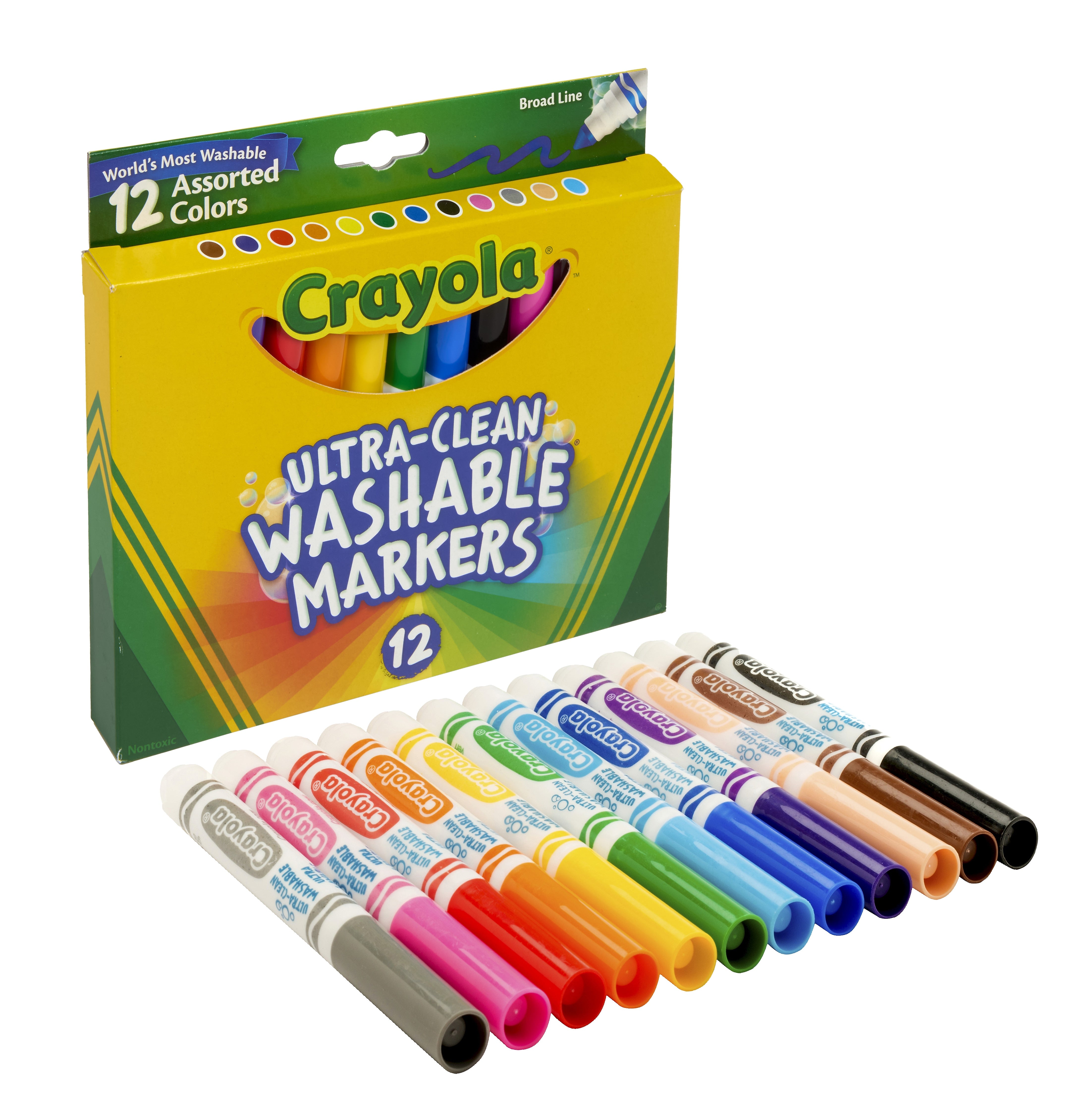 Crayola Ultra-Clean Washable Markers, Broad, Assorted Colors, 12/Box (58-7812)