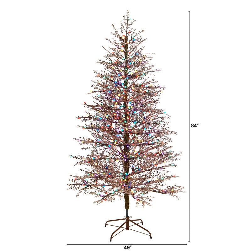 Nearly Natural 7-ft Frosted Berry Twig Artificial Christmas Tree with 450 Multicolored Gum Ball LED Lights (T3258)
