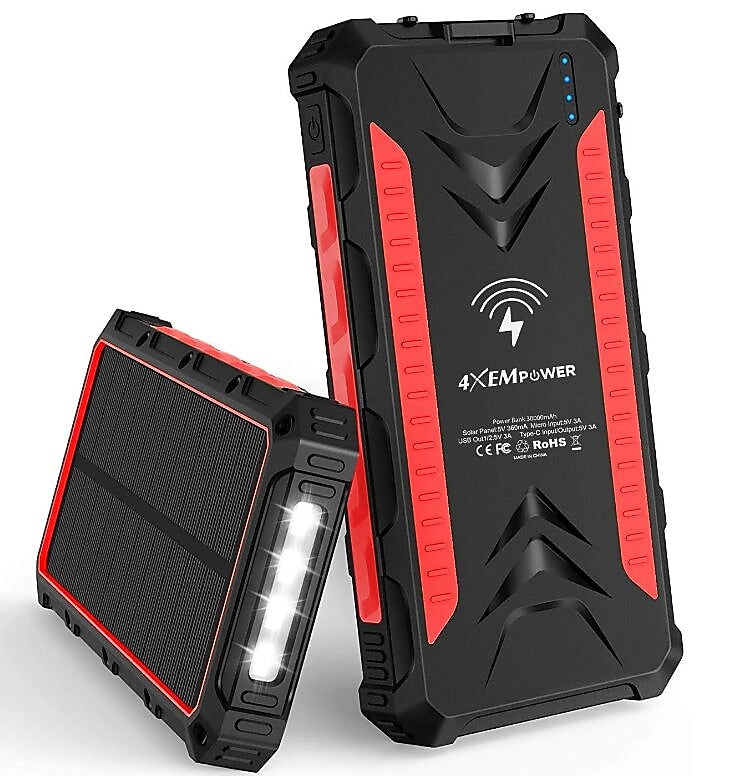 4XEM 30,000 mAh Mobile Solar Power Bank and Charger (4XSOLARPWR30RD)