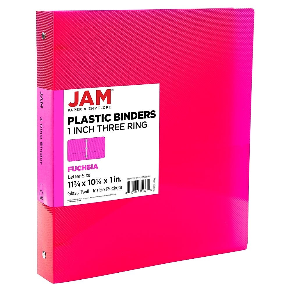 JAM Paper 1" 3-Ring Flexible Poly Binder, Fuchsia Pink (PB75239FU)