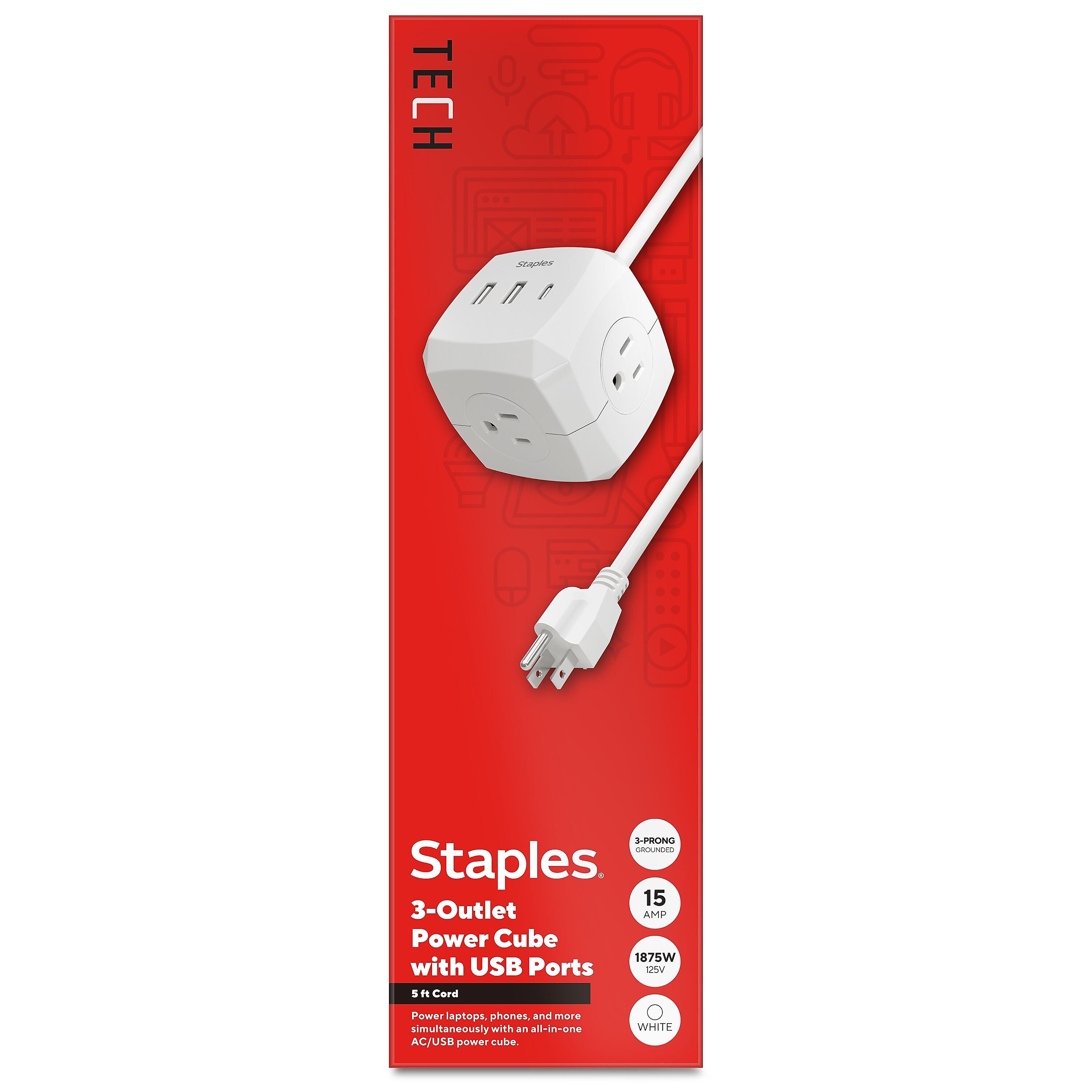 Staples TECH 5' Extension Cord, 3-Outlet, 14 AWG, White (ST62348)
