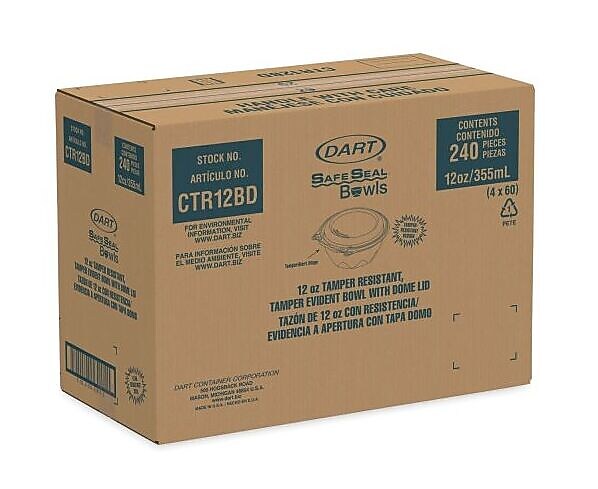 Dart SafeSeal 12 fl oz. Bowl and Lid, Polyethylene Terephthalate (PET), Clear, 240 Pieces/Carton