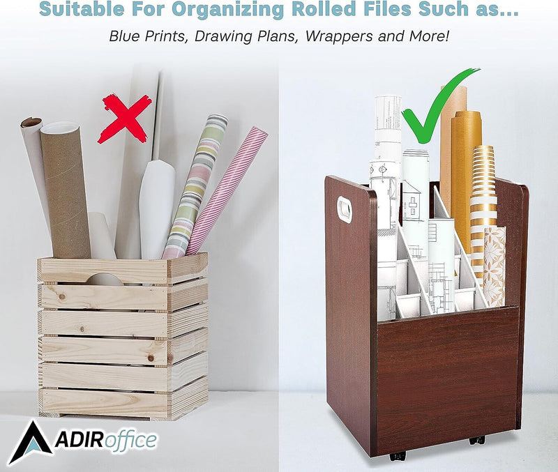 AdirOffice 20-Slot Mobile Roll File, 24.75"H x 15.25"W x 13.25"D, Mahogany (624-MA-KIT1)