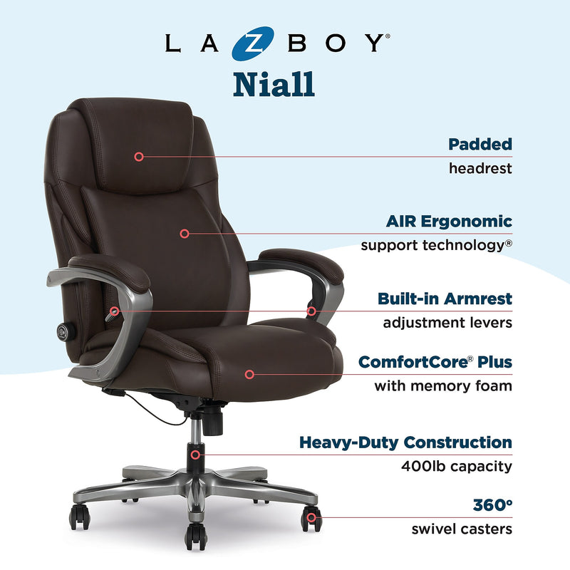 La-Z-Boy Niall AIR Lumbar Pro+ Ergonomic Vegan Leather Executive Big & Tall Chair, 400 lb. Capacity, Dark Brown (60114-DBRN)