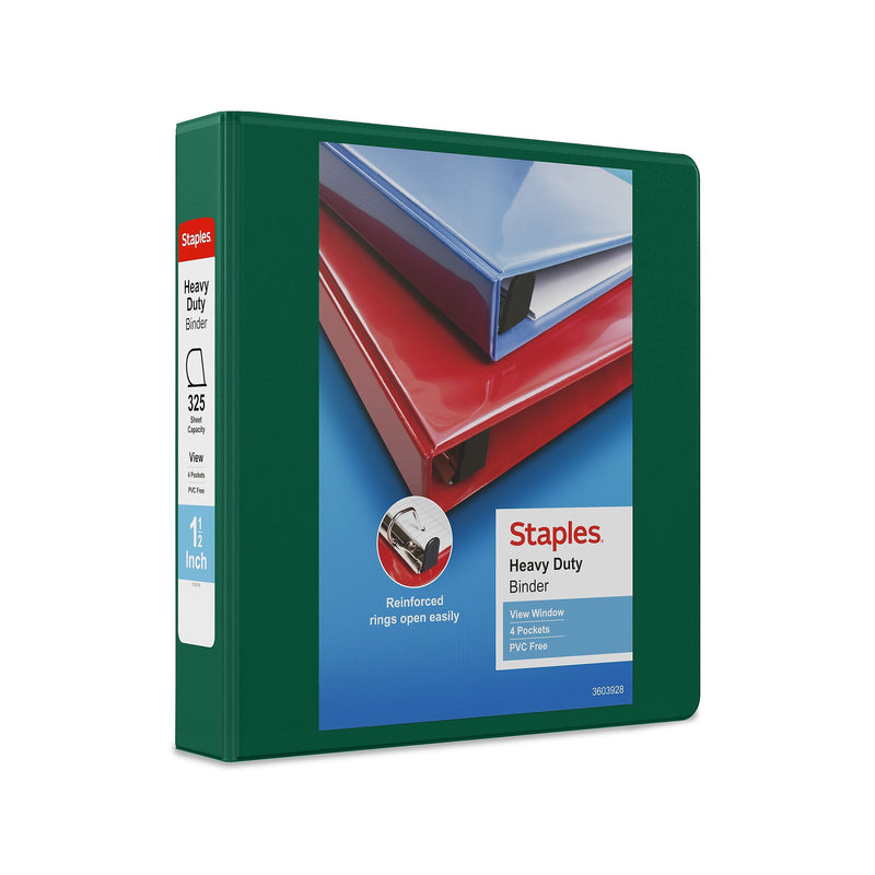 Staples Heavy Duty 1 1/2" 3-Ring View Binder, D-Ring, Green (ST56310-CC)