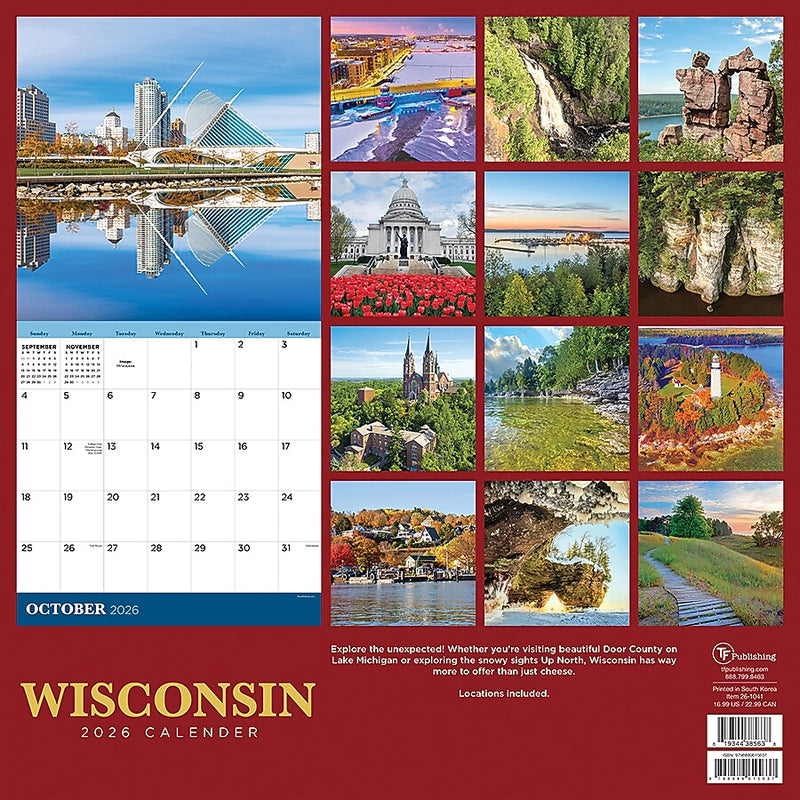 2026 TF Publishing Wisconsin 12" x 12" Monthly Wall Calendar (26-1041)