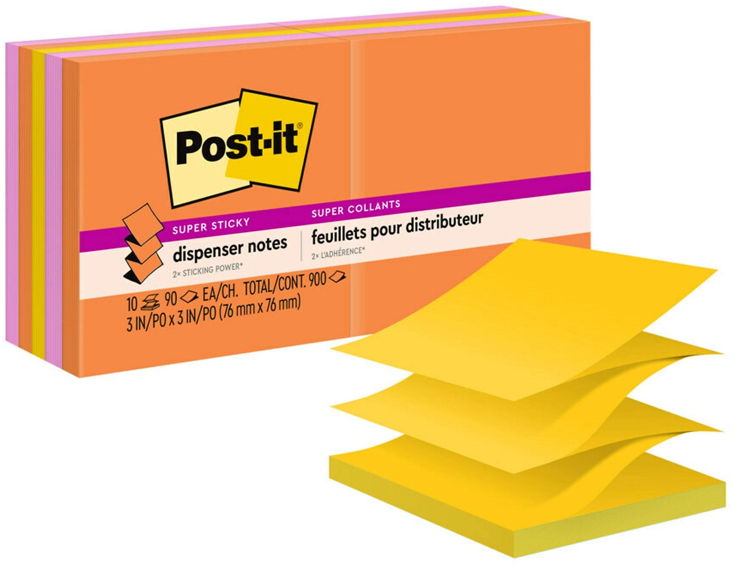 Post-it Super Sticky Pop-up Notes, 3" x 3", Energy Boost Collection, 90 Sheet/Pad, 10 Pads/Pack (R33010SSAU)