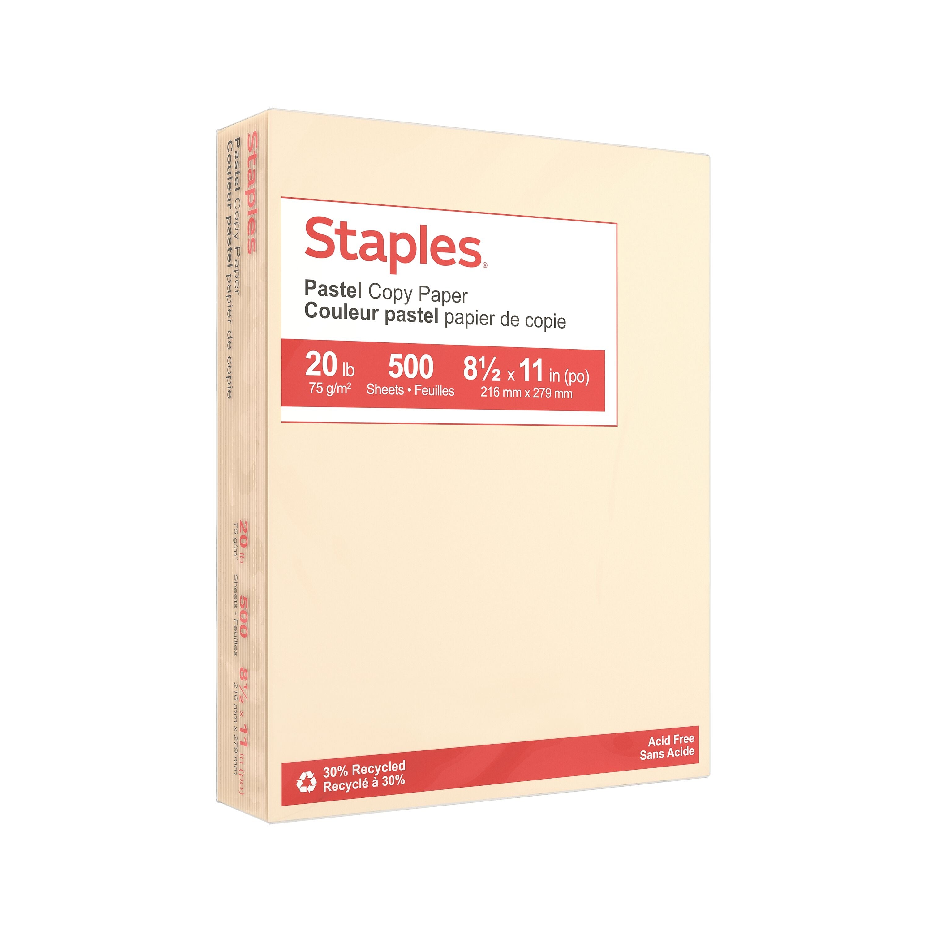 Staples Pastel 30% Recycled Color Copy Paper, 20 lbs., 8.5" x 11", Cream, 500/Ream (14789)