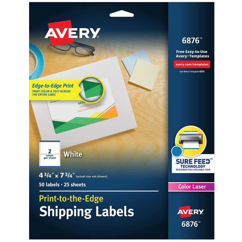 Avery Print-to-the-Edge Color Laser Shipping Labels, 4-3/4" x 7-3/4", White, 50 Labels/Pack (6876)