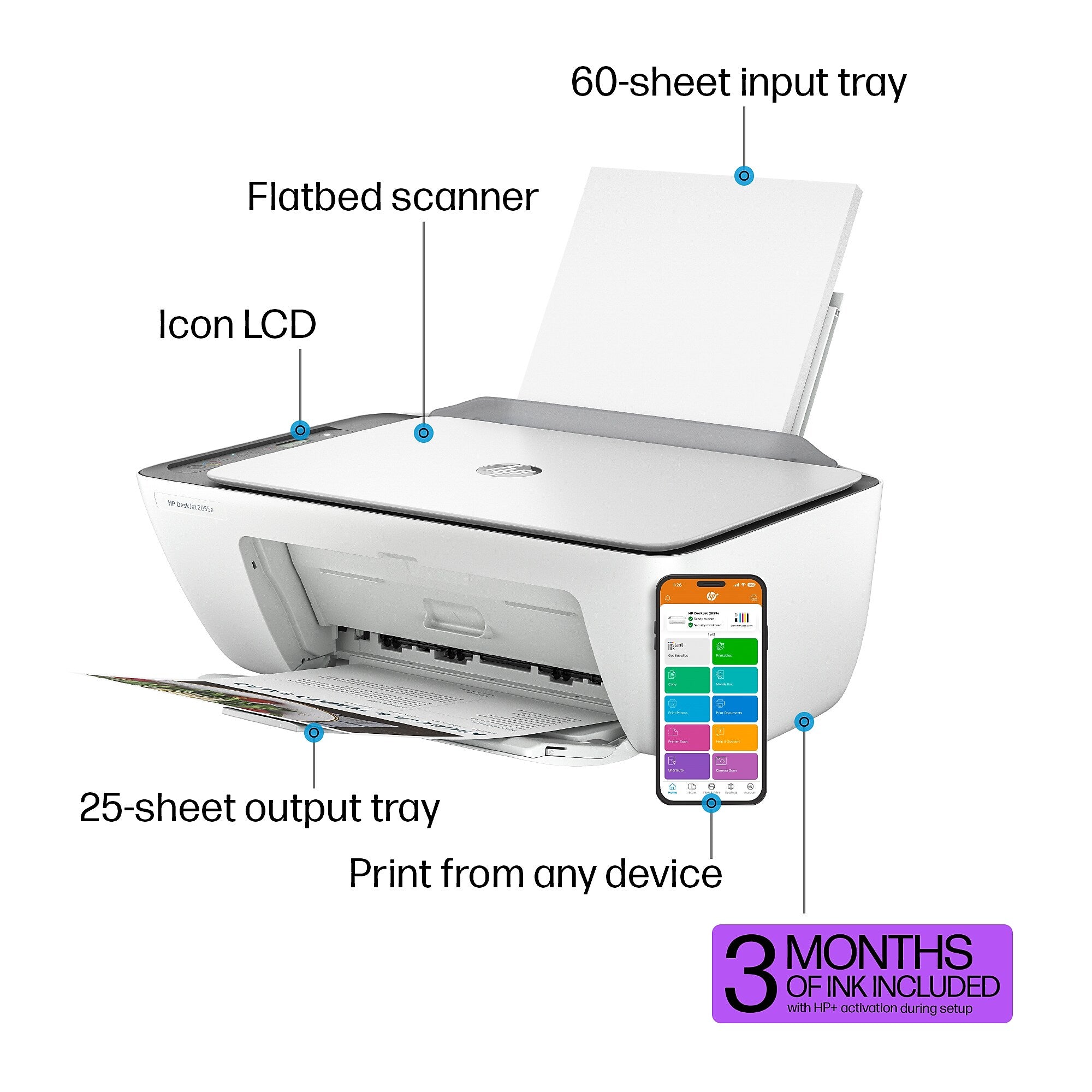 HP DeskJet 2855e Wireless Color All-In-One Inkjet Printer, Print, Scan, Copy, Best for Home, 3 Months FREE Ink (588S5A)