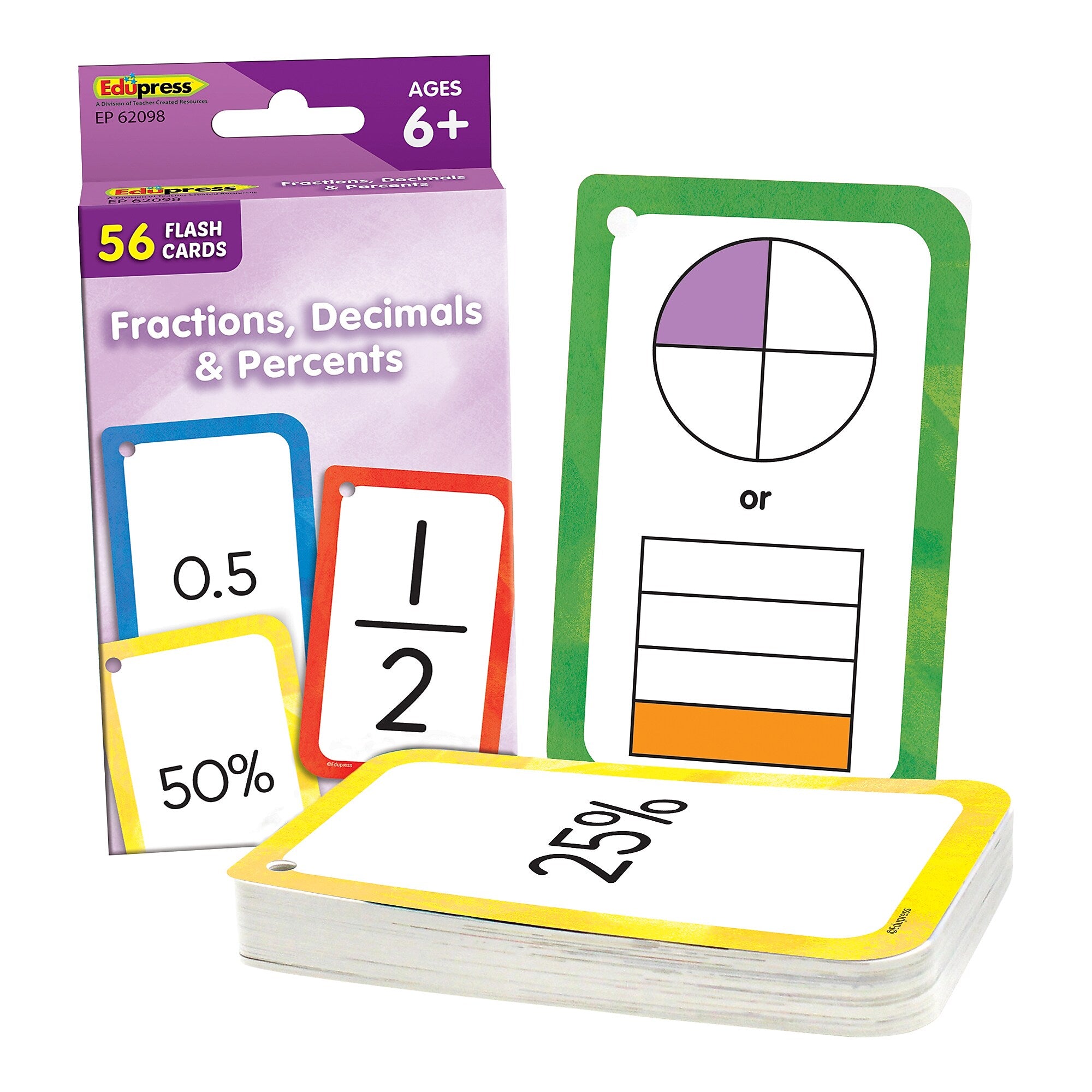 Teacher Created Resources Fractions, Decimals & Percents Flash Cards, 56/Pack, 6 Packs/Bundle (TCR62098-6)