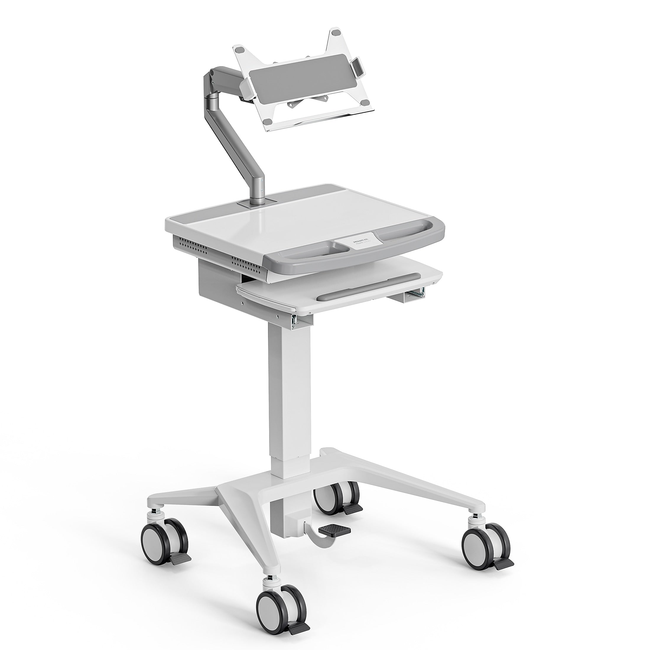 Mount-It! MedHub Mobile Medical Cart Workstation with Spring Arm Laptop Mount and Locking Caster Wheels, White/Grey (MI-16017)