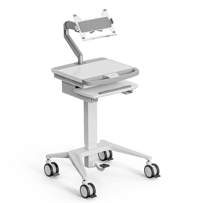 Mount-It! MedHub Mobile Medical Cart Workstation with Spring Arm Laptop Mount and Locking Caster Wheels, White/Grey (MI-16017)
