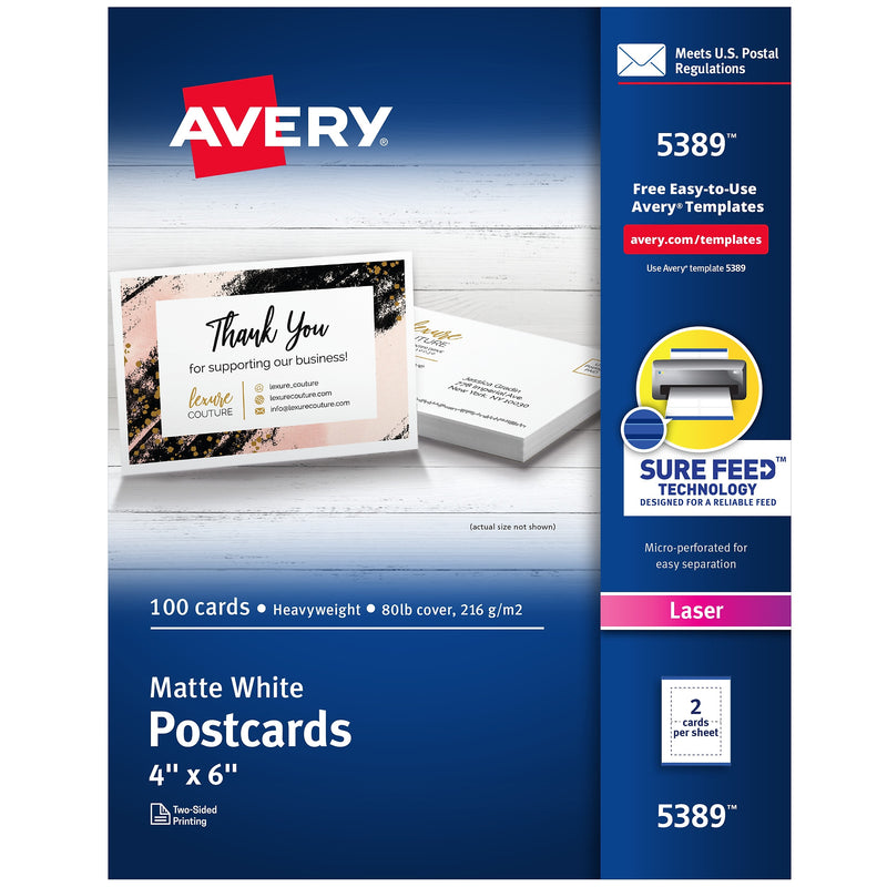 Avery Postcards, Matte White, 4" x 6", Laser, 100/Pack (5389)