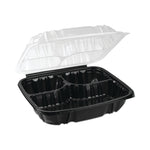 Pactiv Evergreen EarthChoice Vented Microwavable Hinged Lid Container, 3-Compartment Base/Lid, 34 oz, Blk/Clr, Plastic, 132/CT