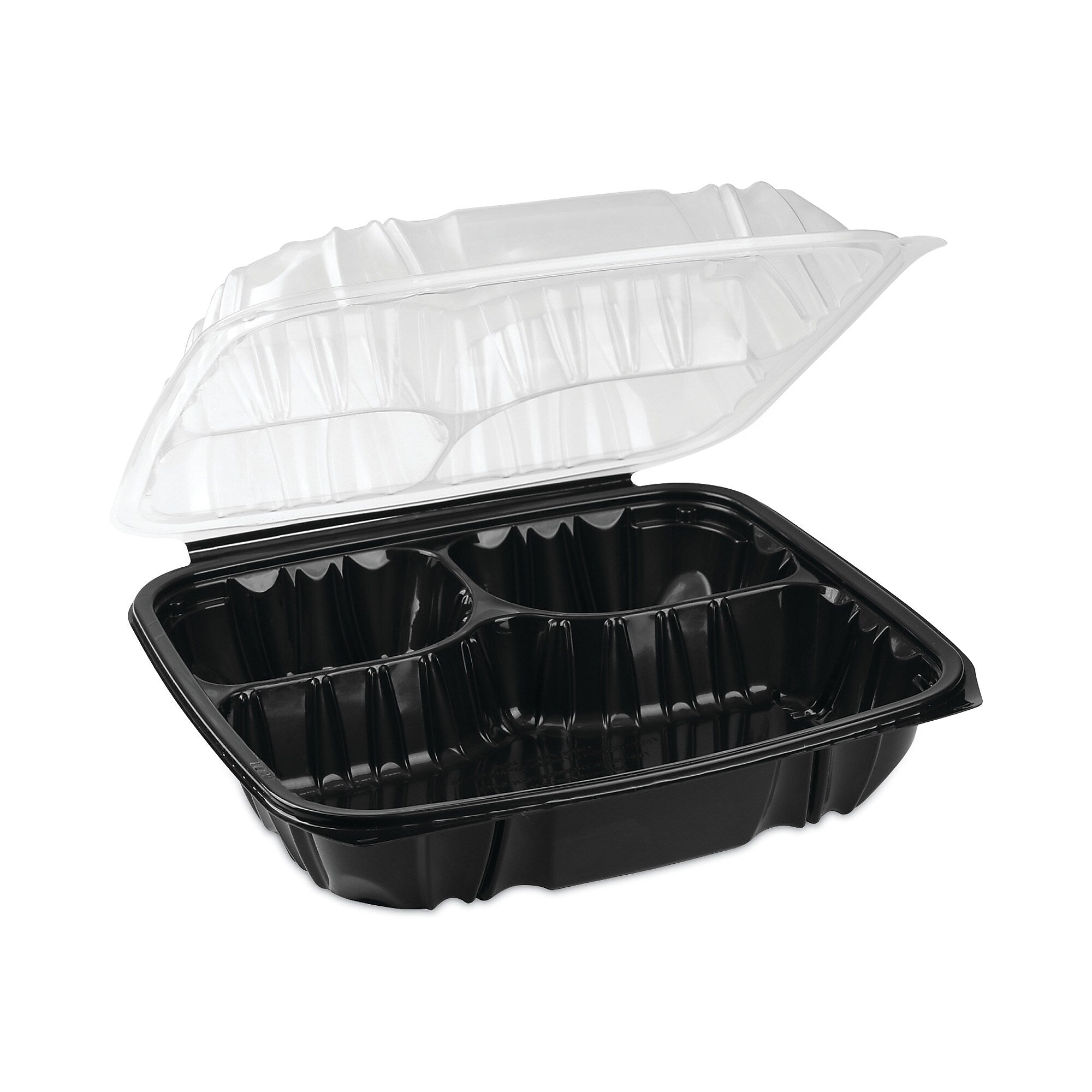 Pactiv Evergreen EarthChoice Vented Microwavable Hinged Lid Container, 3-Compartment Base/Lid, 34 oz, Blk/Clr, Plastic, 132/CT