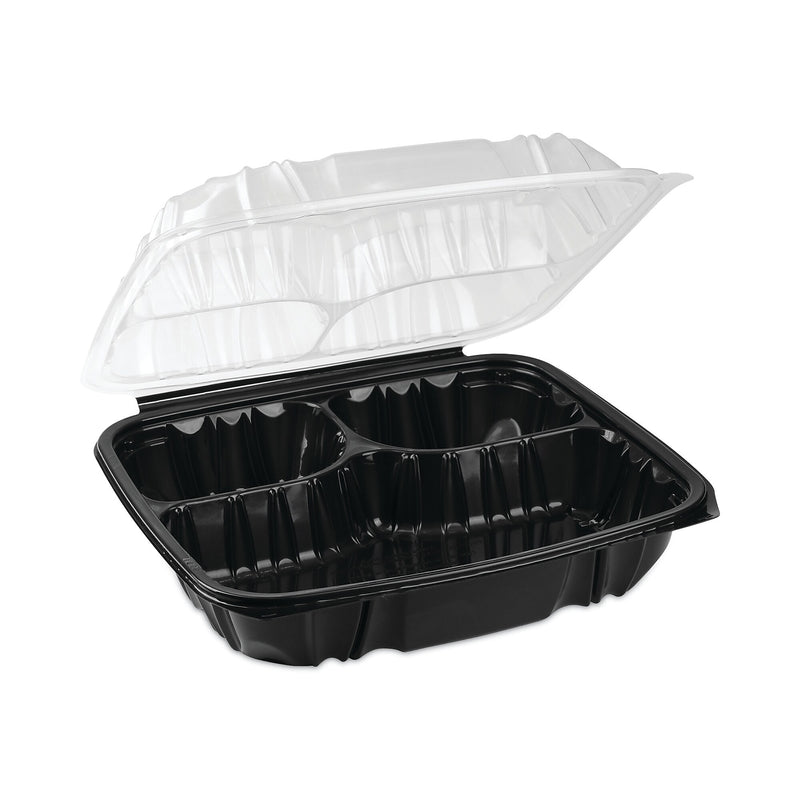 Pactiv Evergreen EarthChoice Vented Microwavable Hinged Lid Container, 3-Compartment Base/Lid, 34 oz, Blk/Clr, Plastic, 132/CT