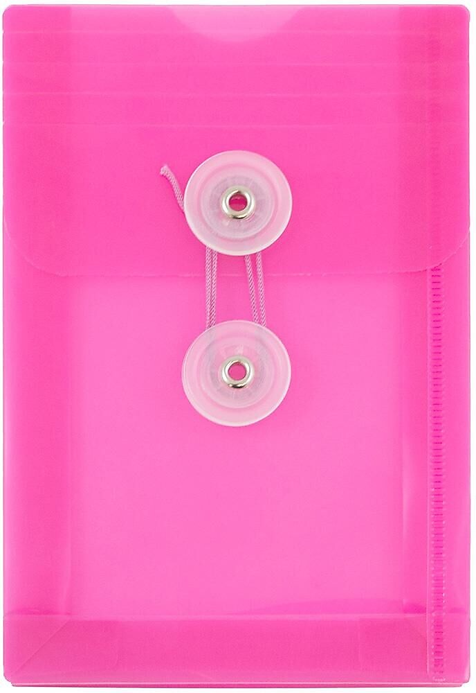 JAM Paper Premium Plastic Filing Envelope with Button & String Closure, 4 1/4" x 6 1/4", Fuchsia Pink, 3/Pack (473B1FUX3)