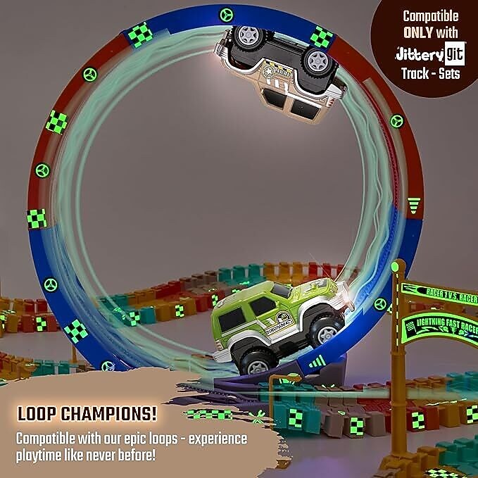 JitteryGit XTRA 4X4 Race Cars for Dinosaur Race Track Set, Green/Tan (000860009329553)