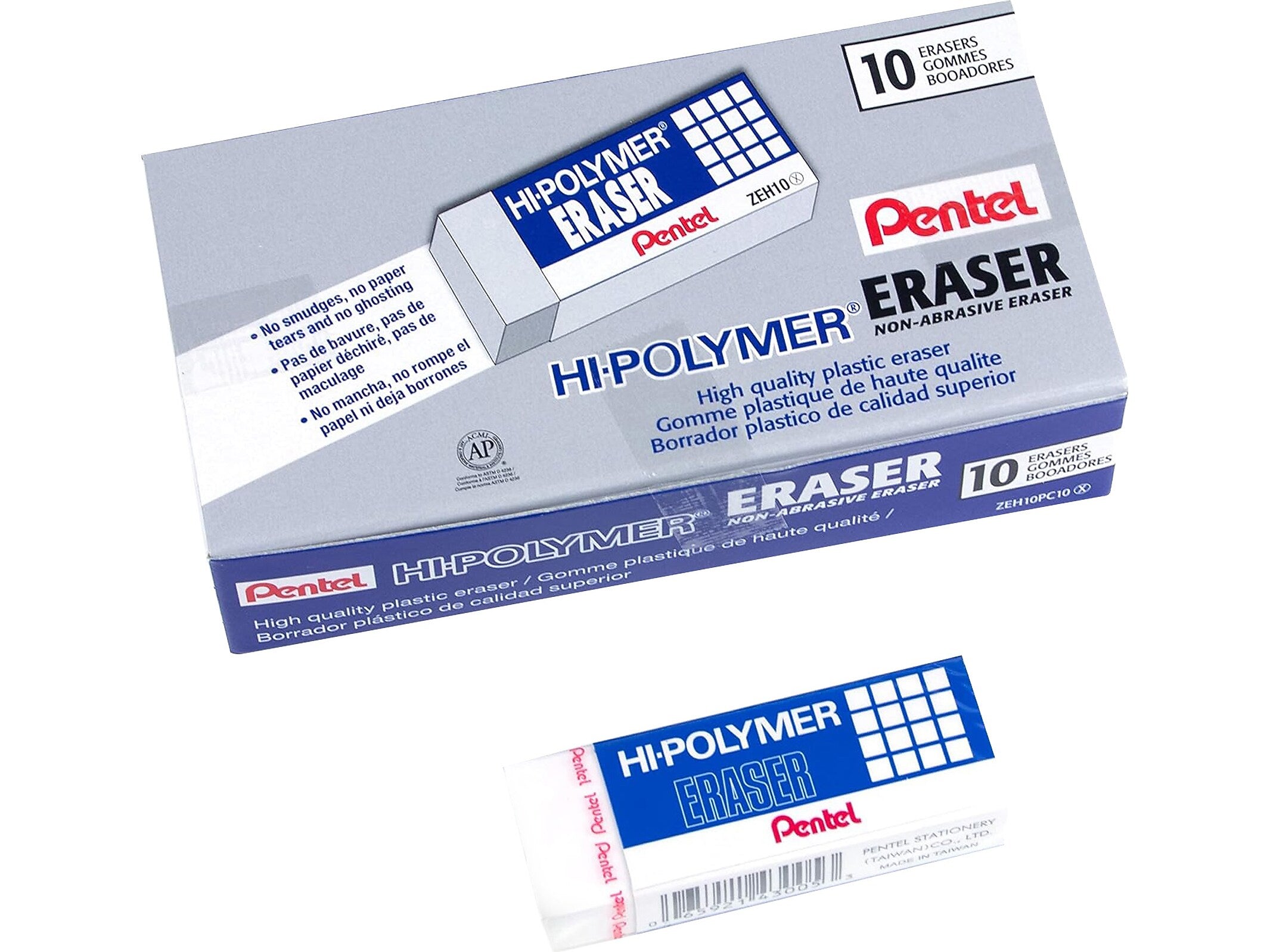 Pentel Hi-Polymer Block Eraser, White, 10/Box (ZEH10PC10)