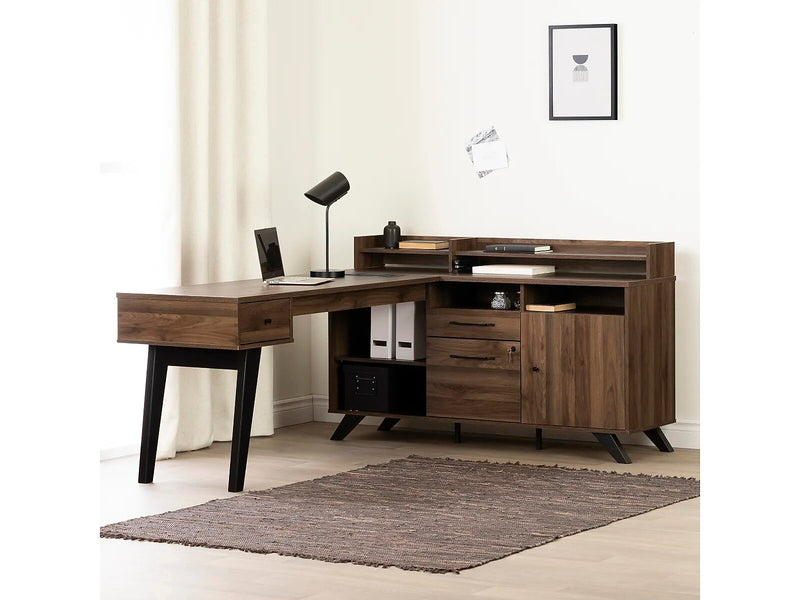 South Shore Helsy 78"W L-Shaped Computer Desk with Power Bar and Removable Hutch, Natural Walnut (13307)