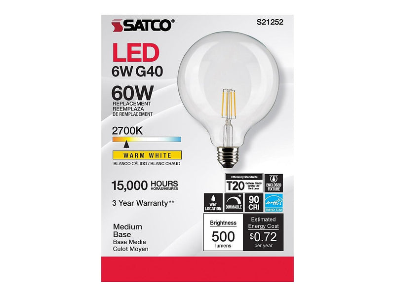 Satco Lighting 6-Watt Warm White LED Decorative Bulb, 6/Carton (S21252)