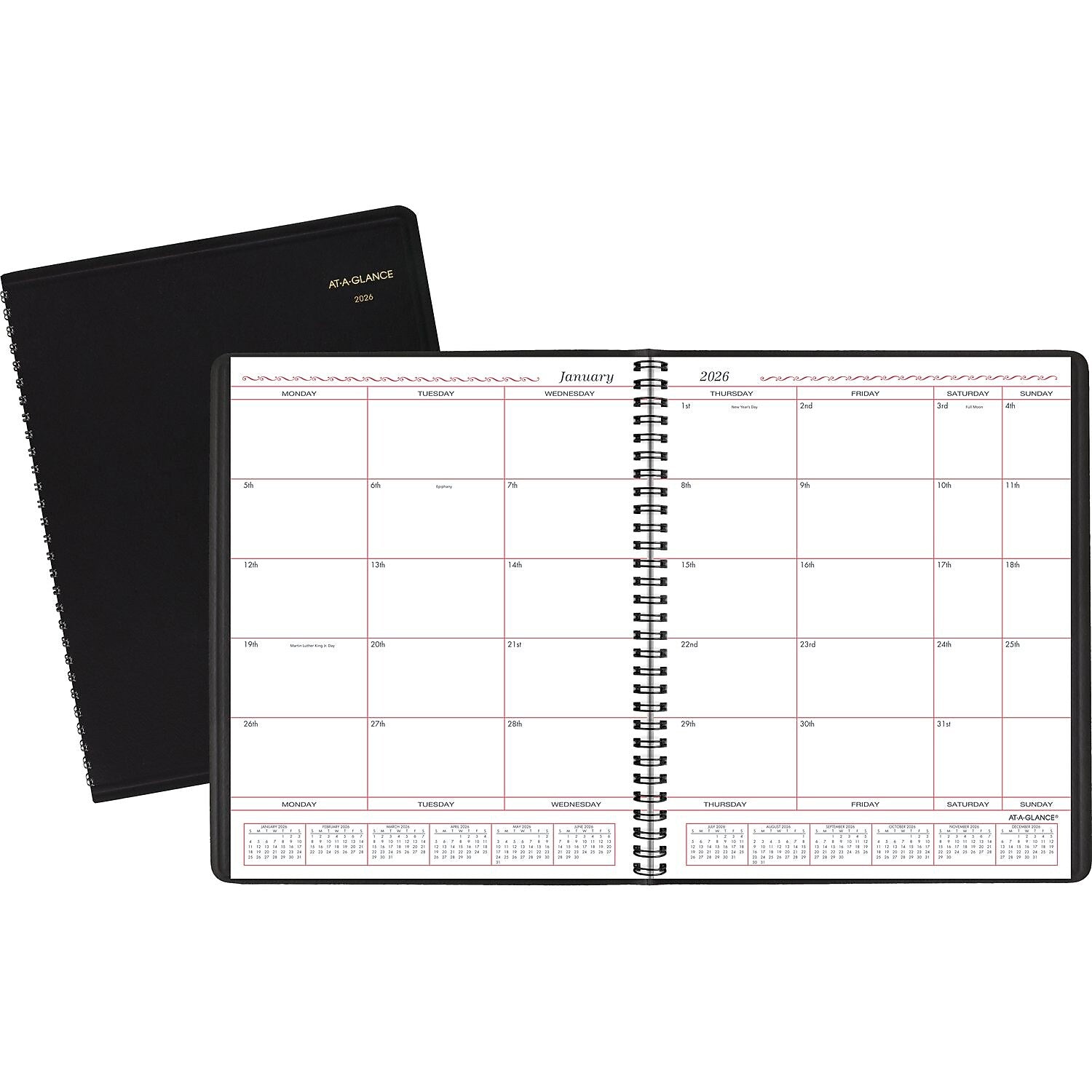 2026 AT-A-GLANCE 8" x 10" Calendar Year/Monthly Planner, Faux Leather Cover Black (70-130-05-26)