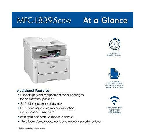 Brother Digital Color All-in-One Printer with Wireless Networking and Duplex Print, Scan, and Copy (MFCL8395CDW)