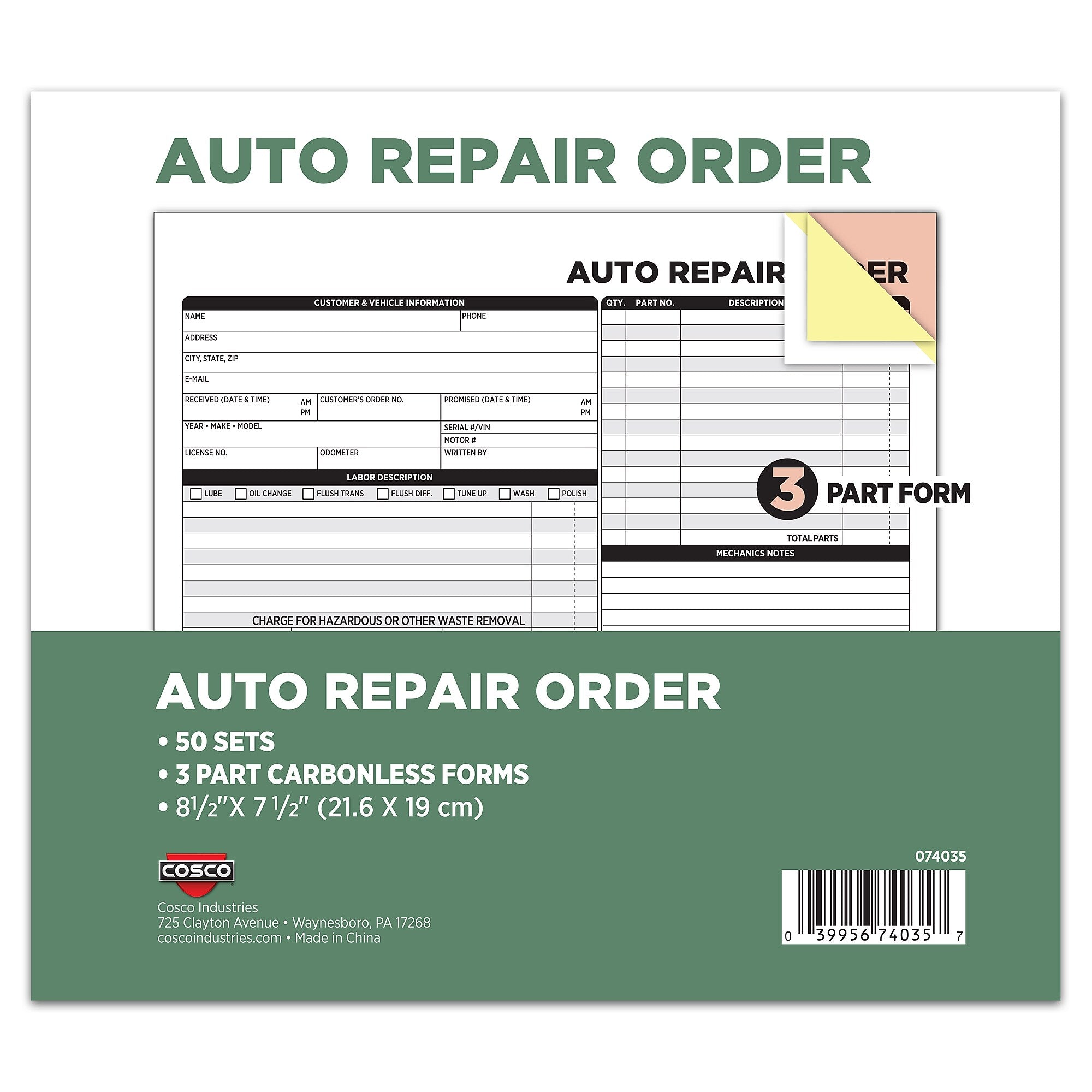 Cosco 3-Part Carbonless Auto Repair Order, 8.5" x 7.5", 50 Sets/Book (074035PK2)