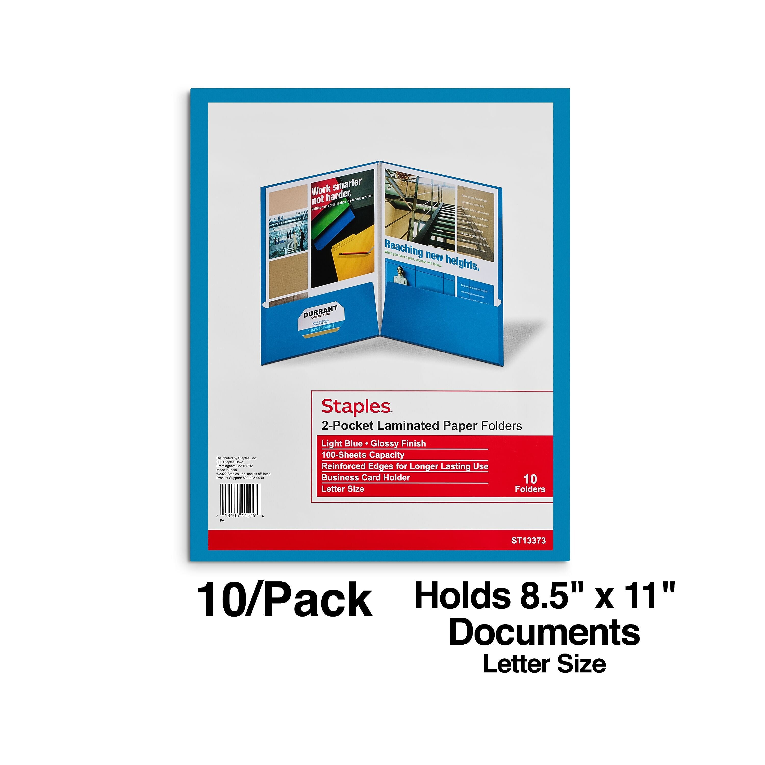 Staples Glossy 2-Pocket Paper Folder, Light Blue, 10/Pack (13373-CC)