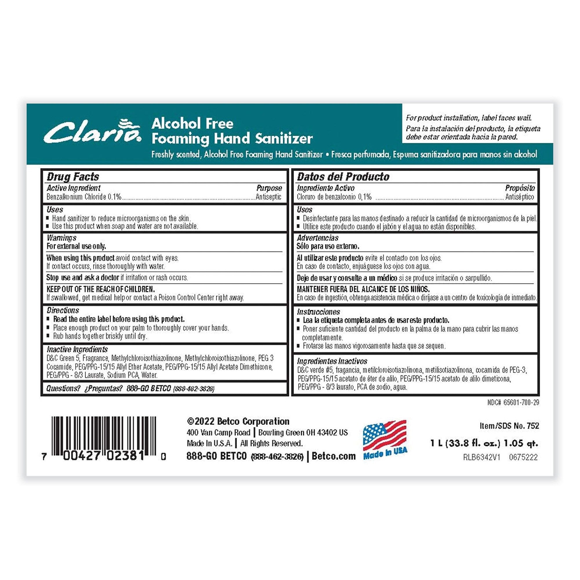 Betco Clario Alcohol Free Foaming Hand Sanitizer, 1,000 mL Bag, Fresh, 6/Carton
