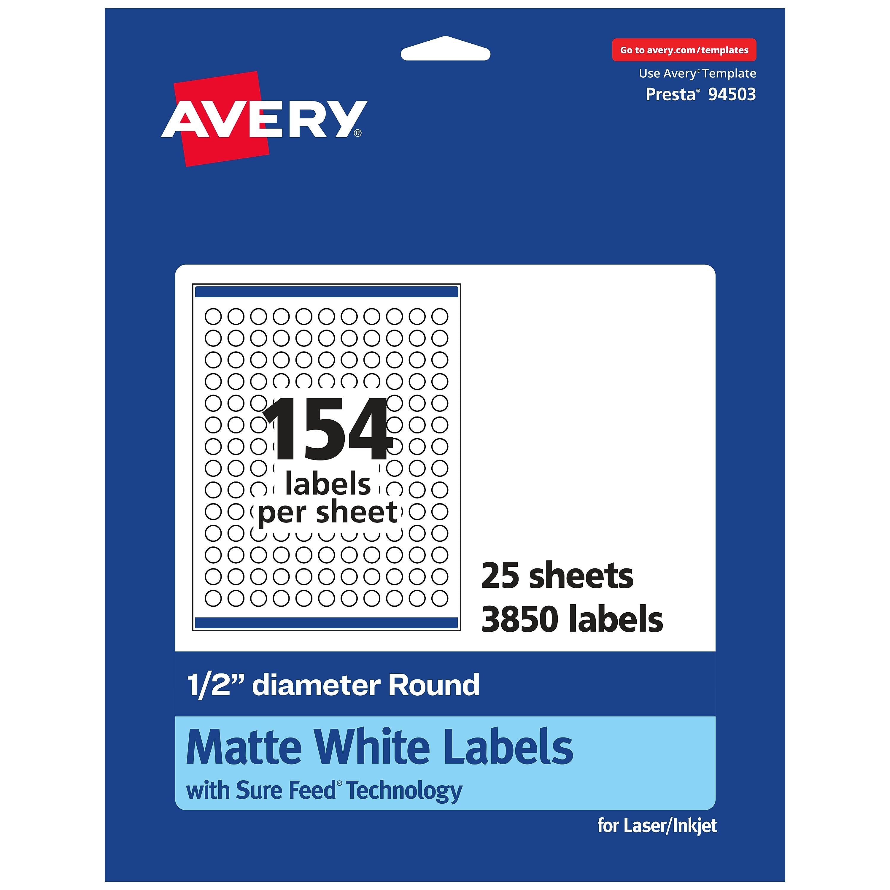 Avery Laser/Inkjet Round Multipurpose Labels, 0.5" Dia, Matte White, 3850 Labels/Pack (94503)