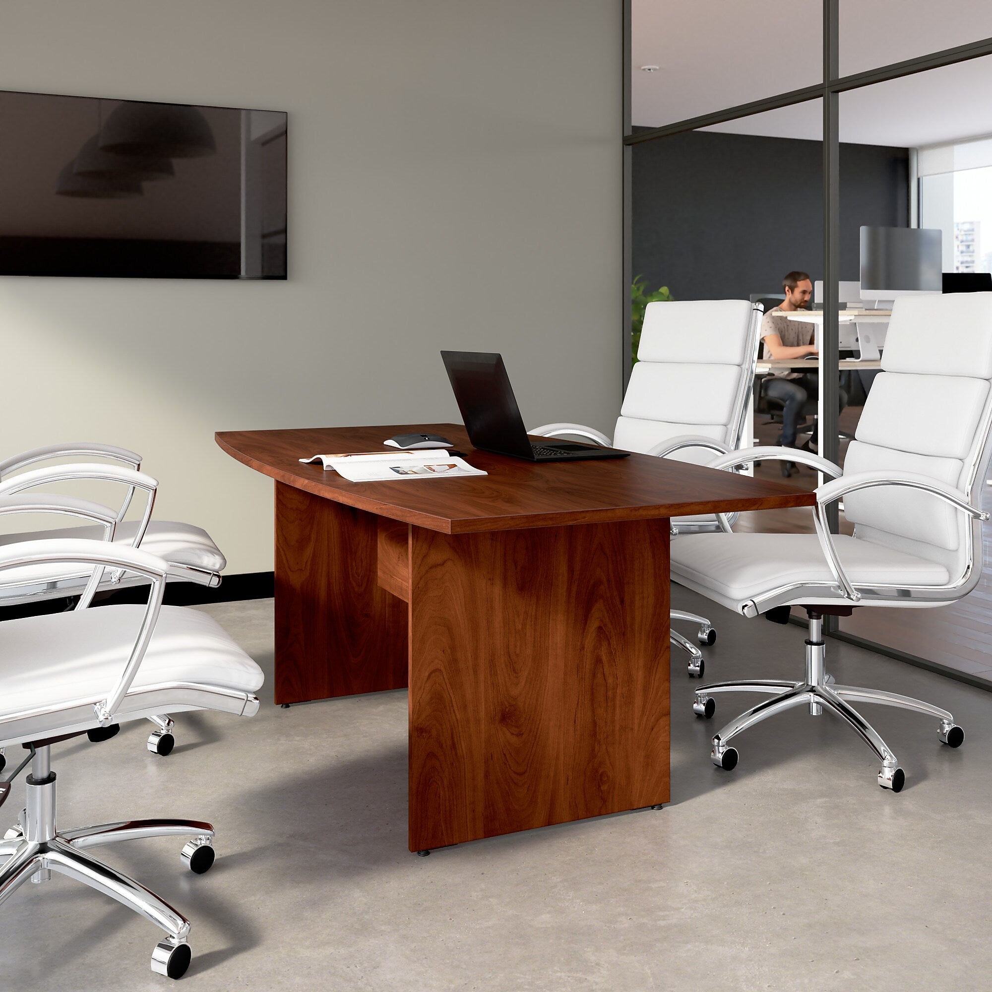 Bush Business Furniture 72W x 36D Boat Shaped Conference Table with Wood Base, Hansen Cherry (99TB7236HC)