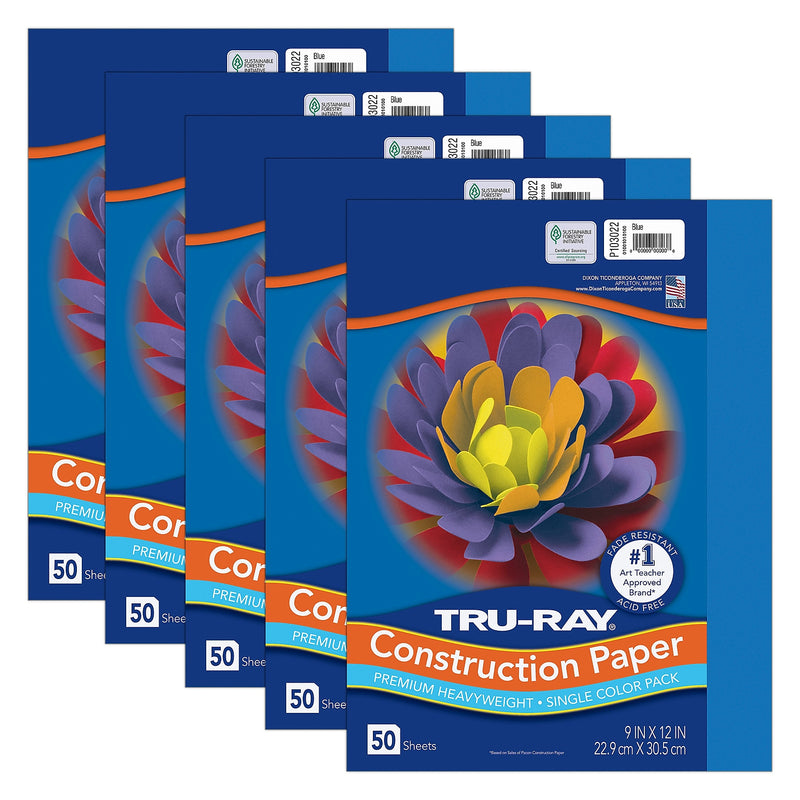 Tru-Ray 9" x 12" Construction Paper, Blue, 50 Sheets/Pack, 5 Packs/Bundle (PAC103022-5)