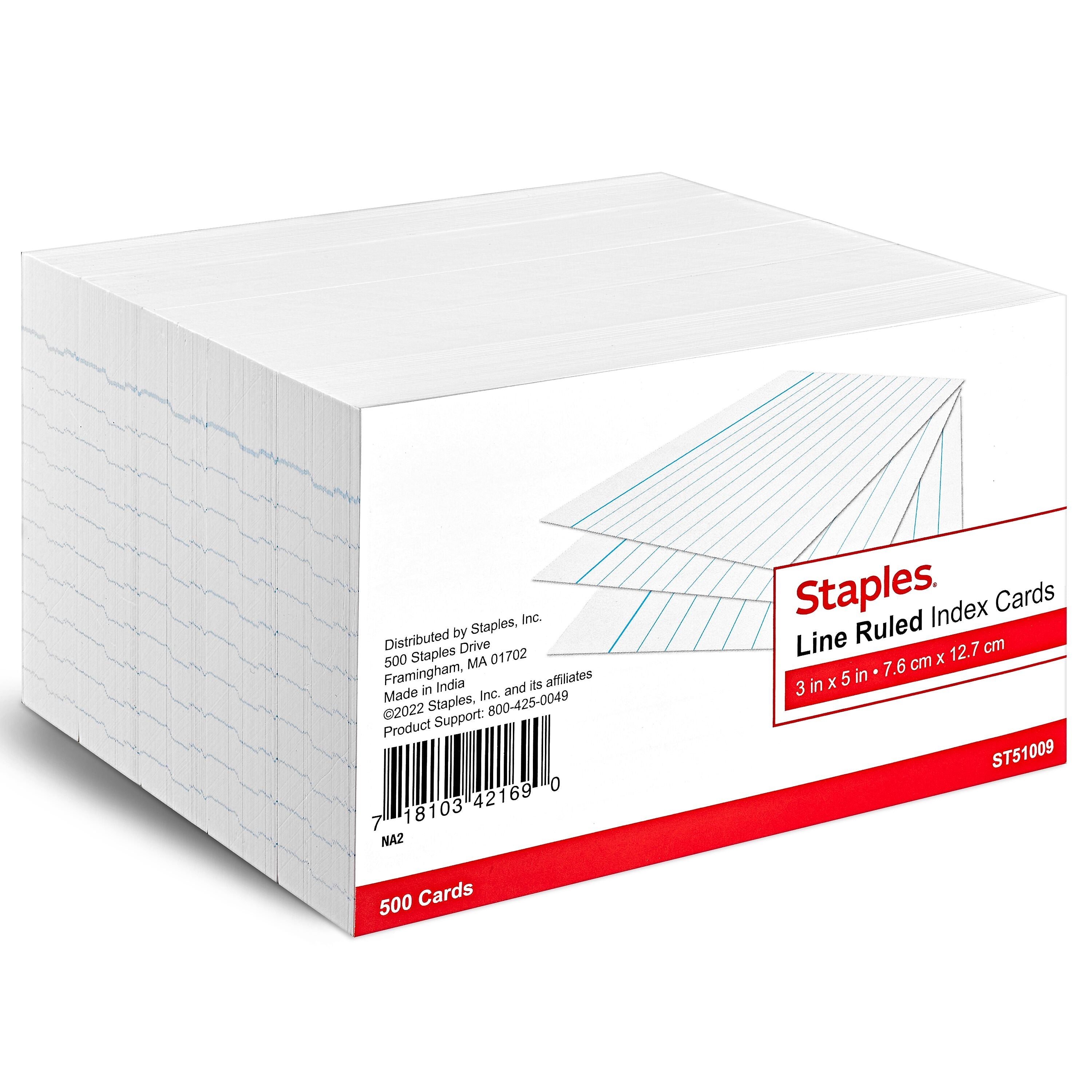 Staples 3" x 5" Index Cards, Lined, White, 500/Pack (TR51009)